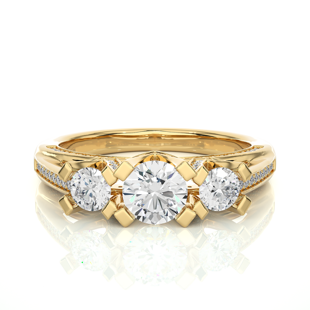 1.20 Carat Three Stone Round Lab-Grown Diamond Ring | Pavé Side Stone Band