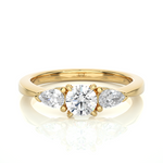 Load image into Gallery viewer, 0.99 CT Round Center with Pear Side Lab Grown Diamond Three Stone Ring | 3 Stone Gold Band

