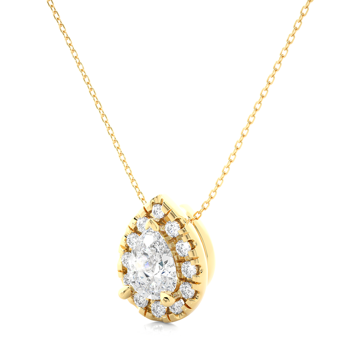 0.80 CT Lab-Grown Diamond Halo Pendant Necklace | Pear & Round Diamonds | Solid Gold