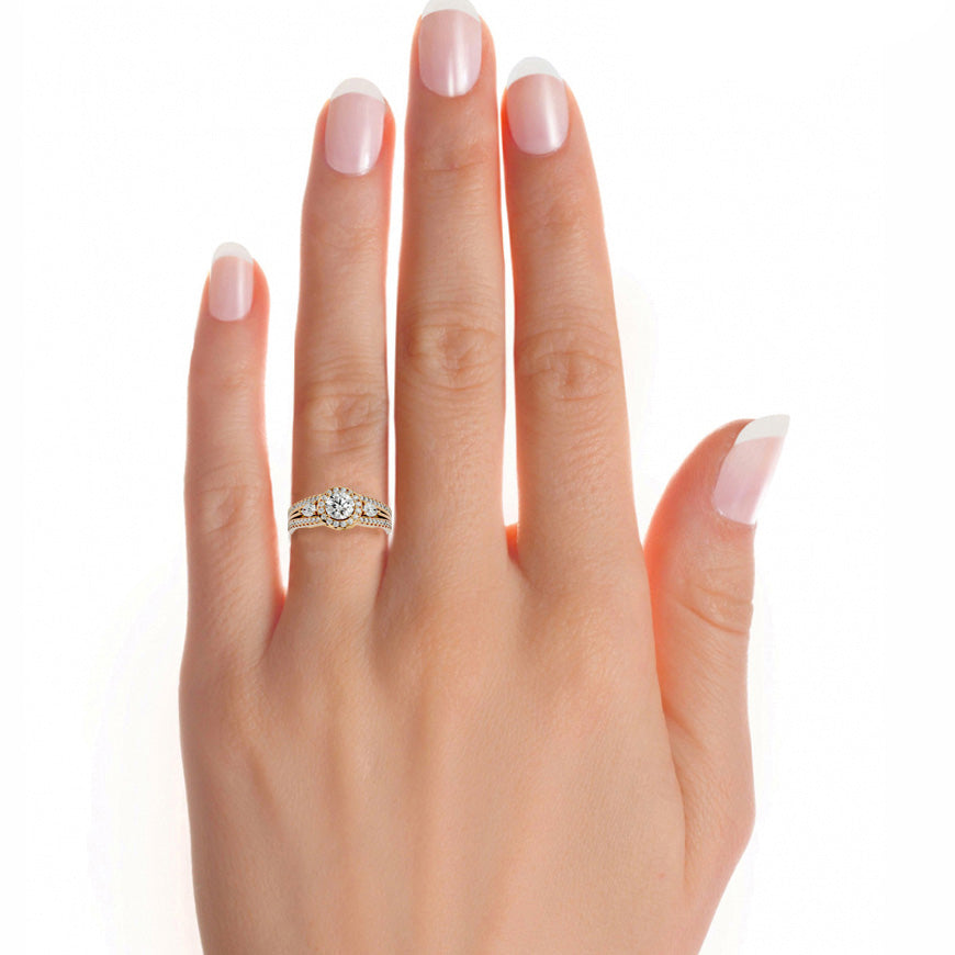 1.43 CT Round Center with Pear & Round Side Lab Grown Diamond Halo Ring | Split Shank, 83 Stone Gold Band