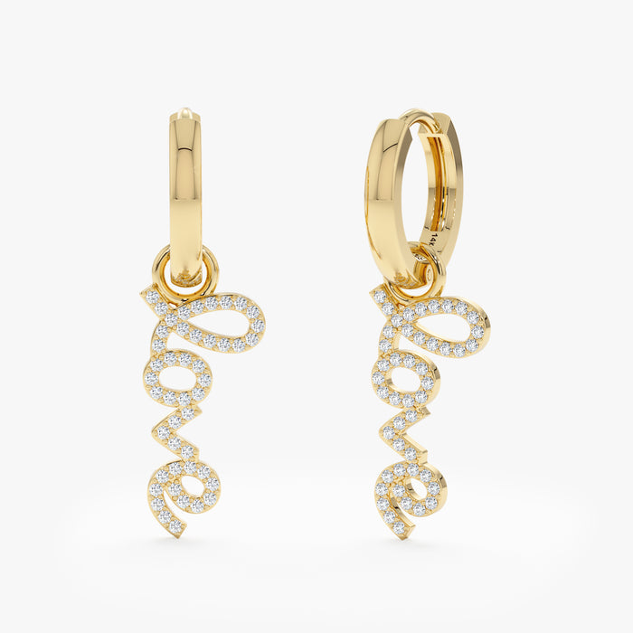 Hoop Huggie Earrings with “LOVE” Dangle 0.23 CTW – 92 Round Lab-Grown Diamonds | 10K, 14K, 18K Gold | IGI Certified
