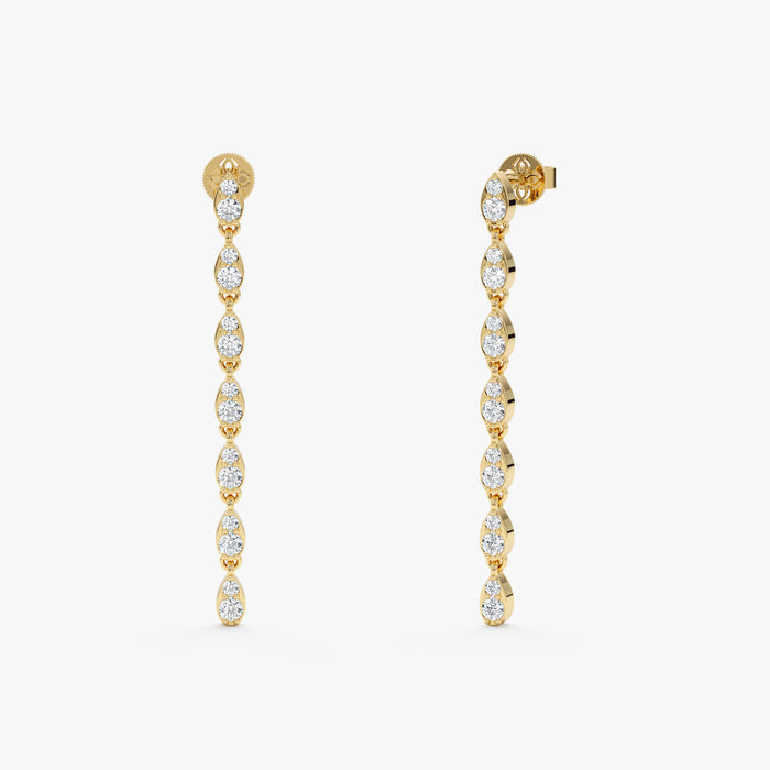Marquise-Style Round Lab-Grown Diamond Long Dangle Earrings 0.86 CTW – 28 Stones | 10K, 14K, 18K Gold | IGI Certified