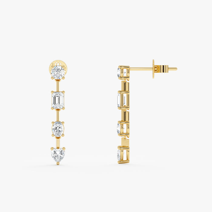 Mixed-Cut Lab-Grown Diamond Long Dangle Earrings 1.34 CTW – 8 Stones | Round, Emerald, Oval & Heart | 10K, 14K, 18K Gold | IGI Certified