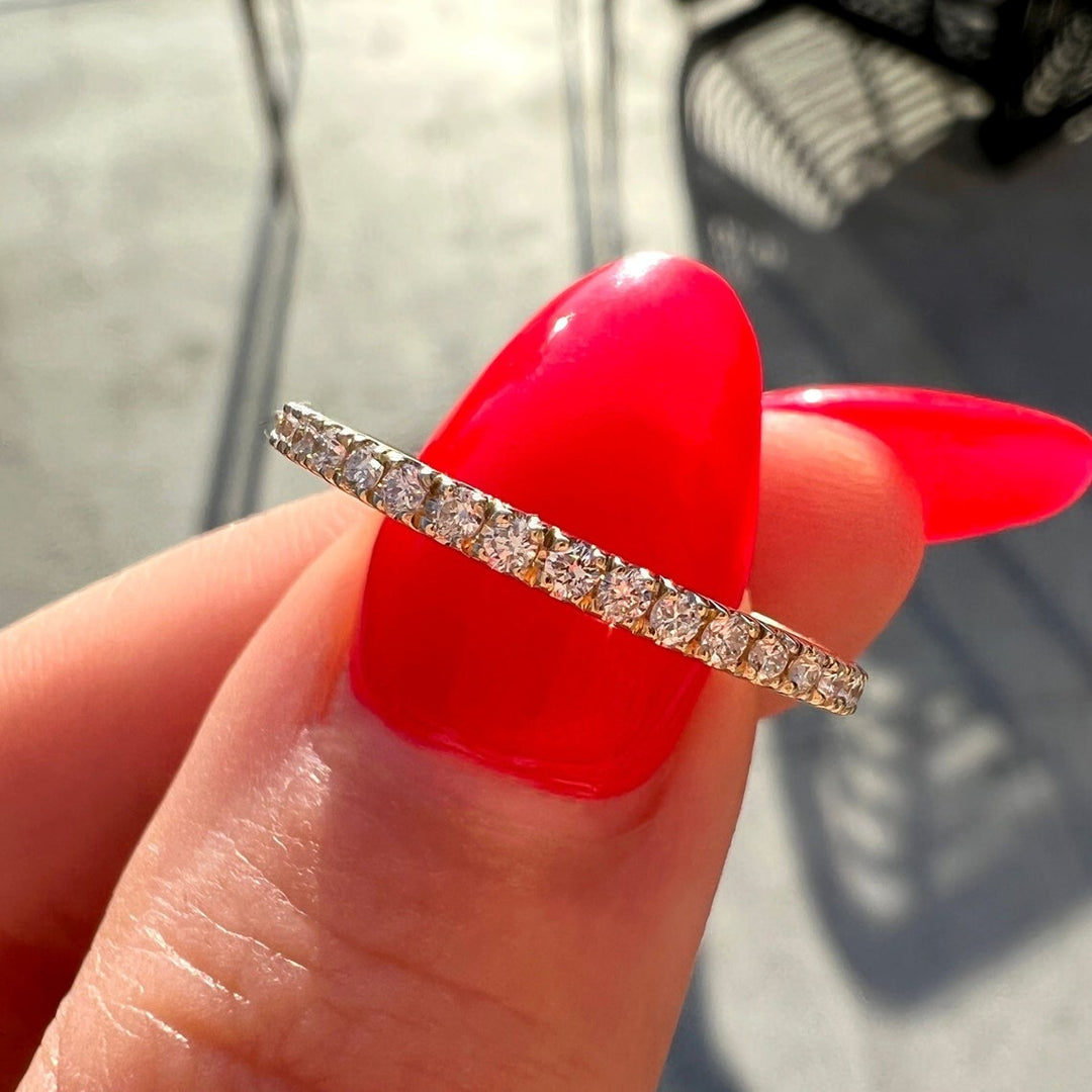10K Yellow Gold Round Cut Diamond Micro Pave Half Eternity Wedding Band Ring