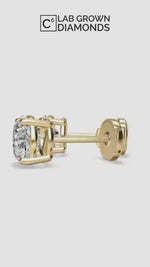 Load and play video in Gallery viewer, Round Diamond Four‑Prong Stud Earrings 0.50–10.00 CT in 10K/14K/18K White or Yellow Gold
